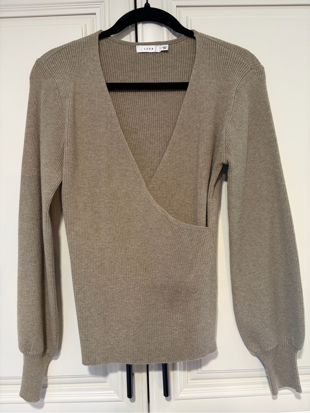 Lush Ribbed Wrap V-Neck Sweater in Taupe